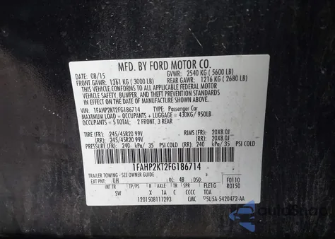 2015 Ford Taurus Sho z USA, uszkodzony, nr VIN 1FAHP2KT2FG186714